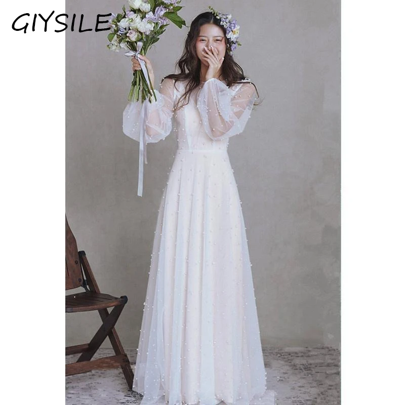 White Dress Wedding Party Light Wedding Dresses for Wemen Round Neck Lantern Sleeve Evening Simple Long Sexy Wedding Shooting