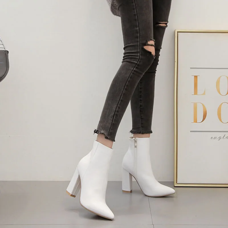 Comemore autunno stivali corti in pelle da donna tacchi alti inverno donna scarpe bianche a punta tacco spesso vestito da donna stivaletto corto