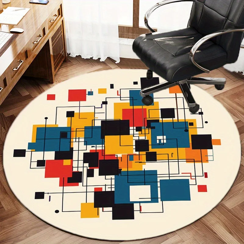 Modern Abstract Geometric Round Area Rug, Non Slip Office Chair Mat for Home Decor, Stylish Floor Carpet for Living Room Bedroom