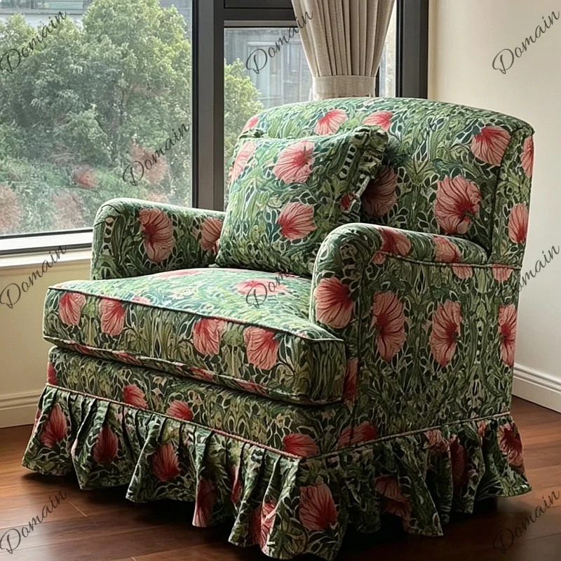 French Floral Fabric Sofa Vintage British Print Single Lounge Chair Photography Skirt Edge Small Apartment