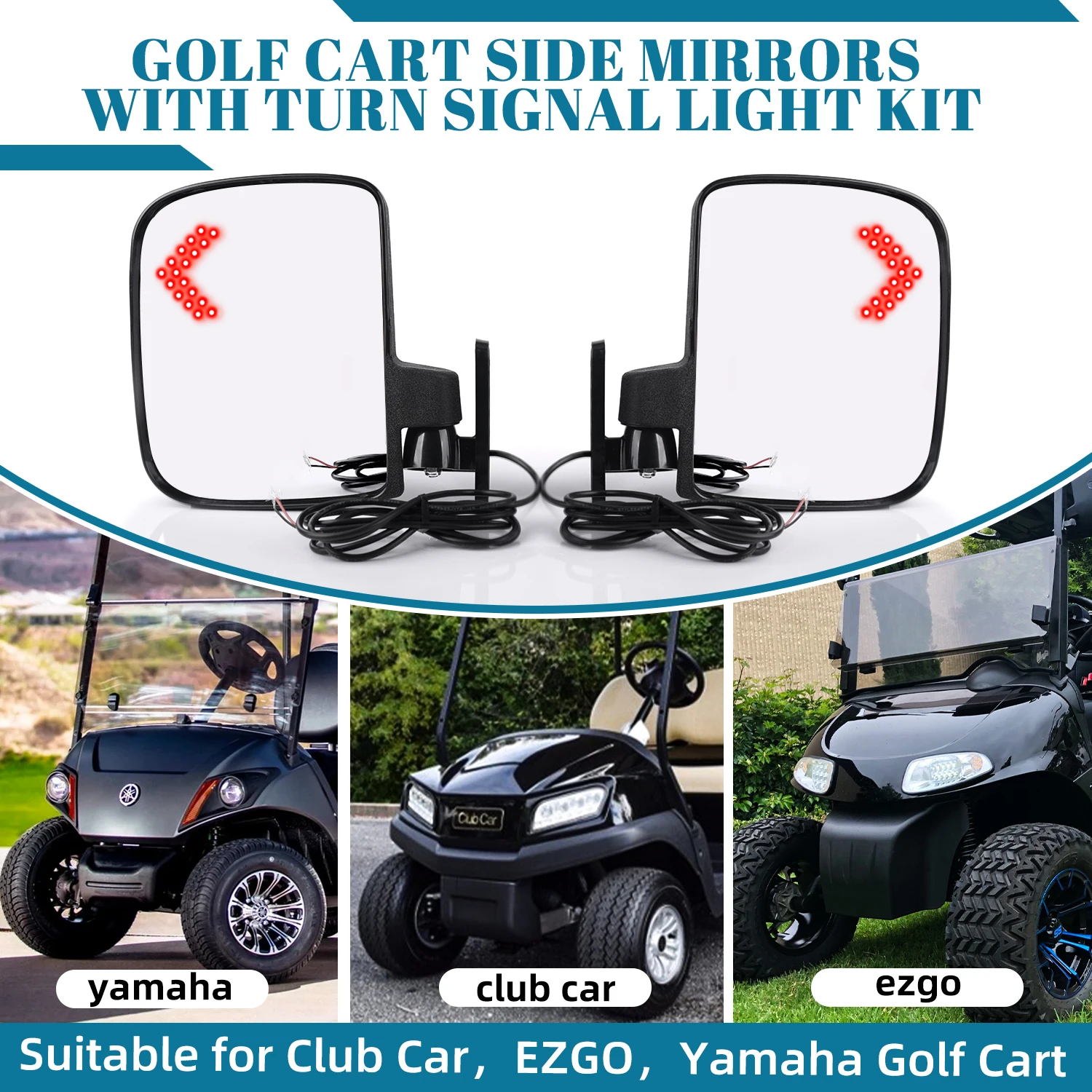 Golf Cart Side Rear View Mirrors With Blinkers Turn Signal For Club Car, YAMAHA, EZGO