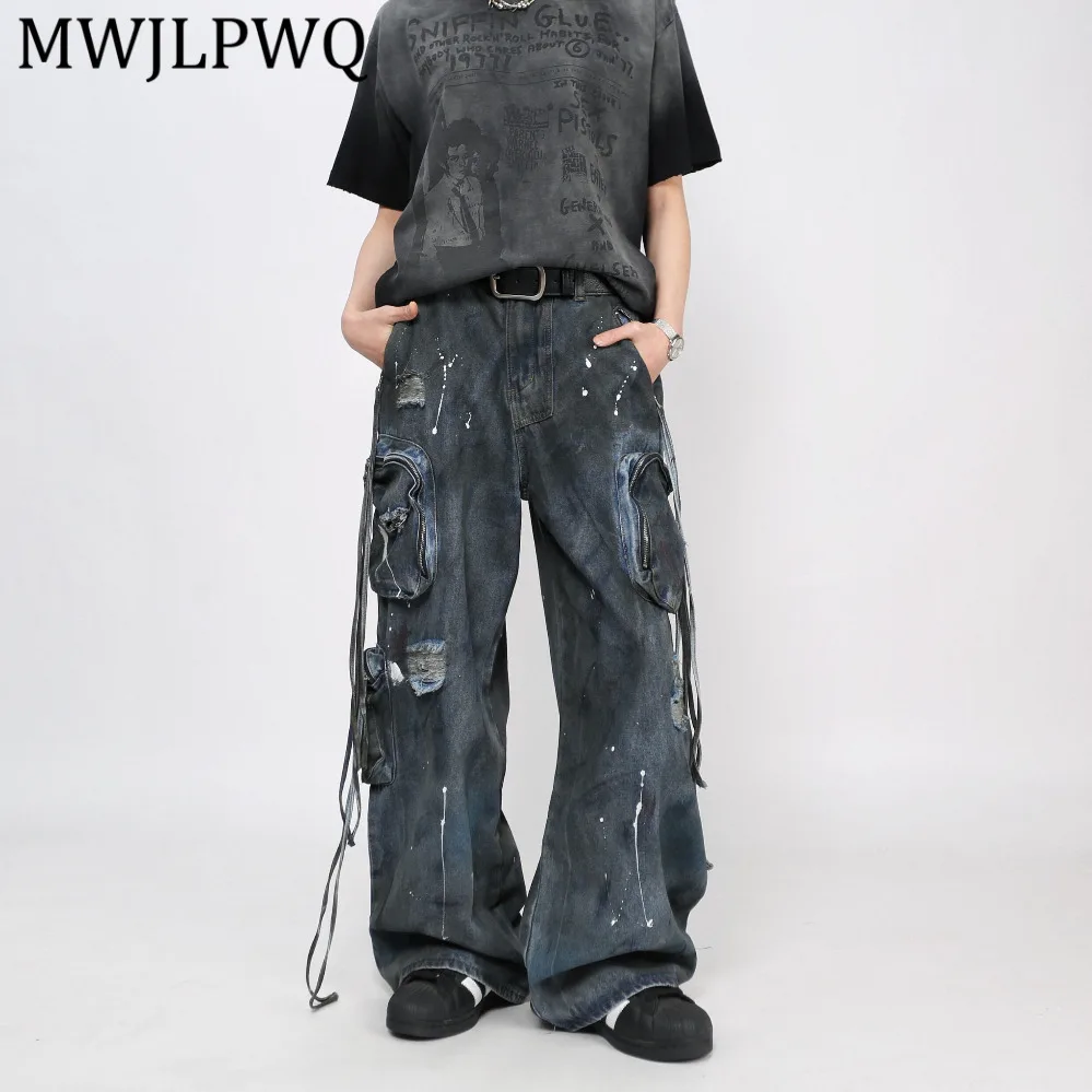 

MWJLPWQ American Heavy-Duty Spray-Painted Jeans For Men High Street Splatter-Ink Ribbon Large-Pocket Niche Y2K Trousers 14426