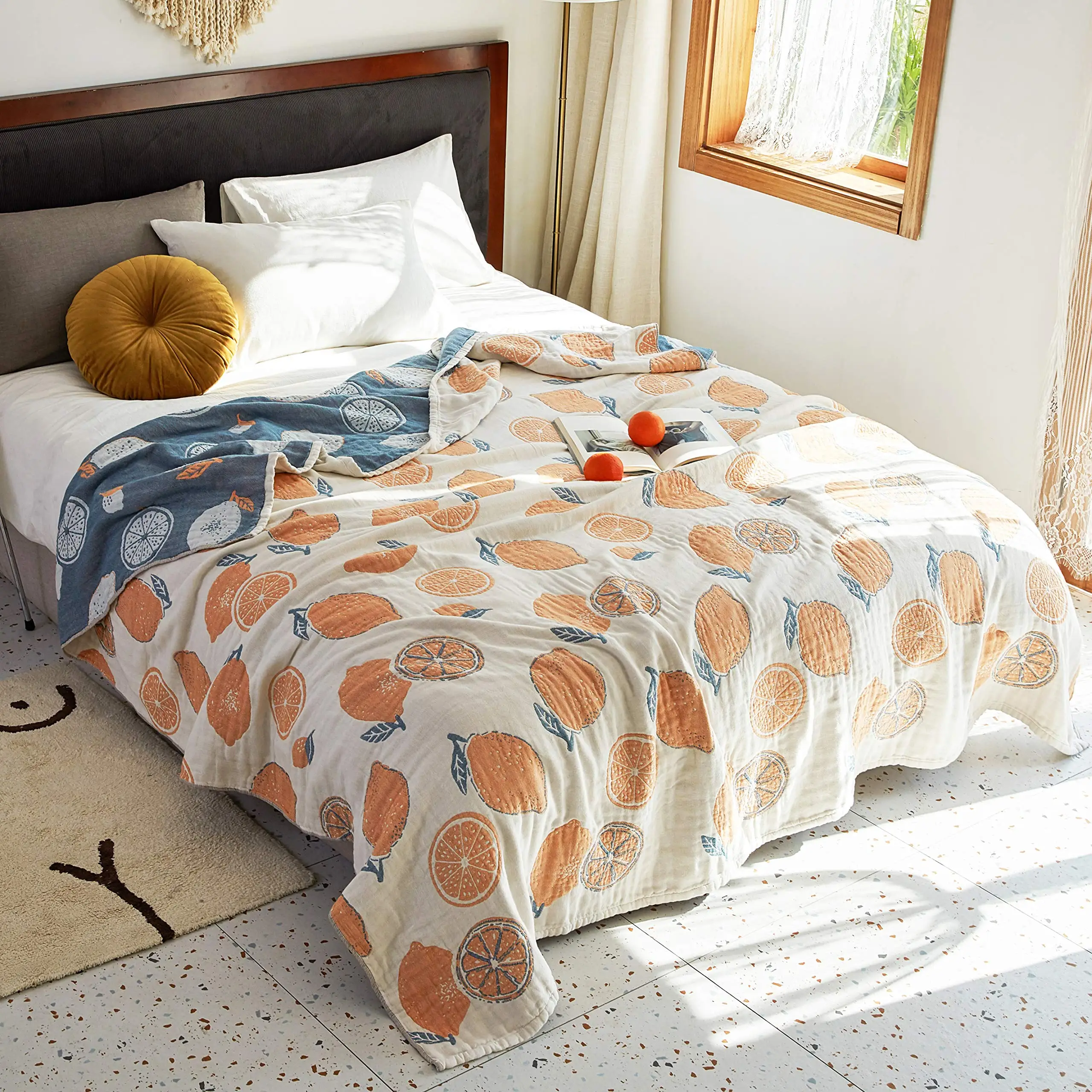 4 Layer Pure Cotton Gauze Throw Blanket Reversible Fruit Print Lightweight Nap Blanket Multi-use Sofa Cover Bed Air Conditioning