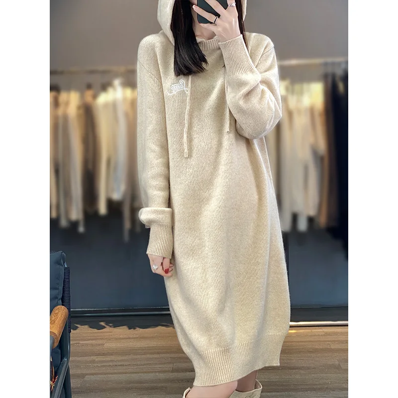 

Fall/Winter Cashmere Hooded Bottoming Sweater Skirt Female Hooded Loose Long Knitted Wool Dress Thick