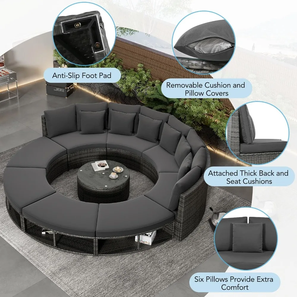 Conjunto de conversación para Patio al aire libre, juego de sofá Circular para exteriores, sofá Seccional de mimbre, conjunto de salón con mesa de