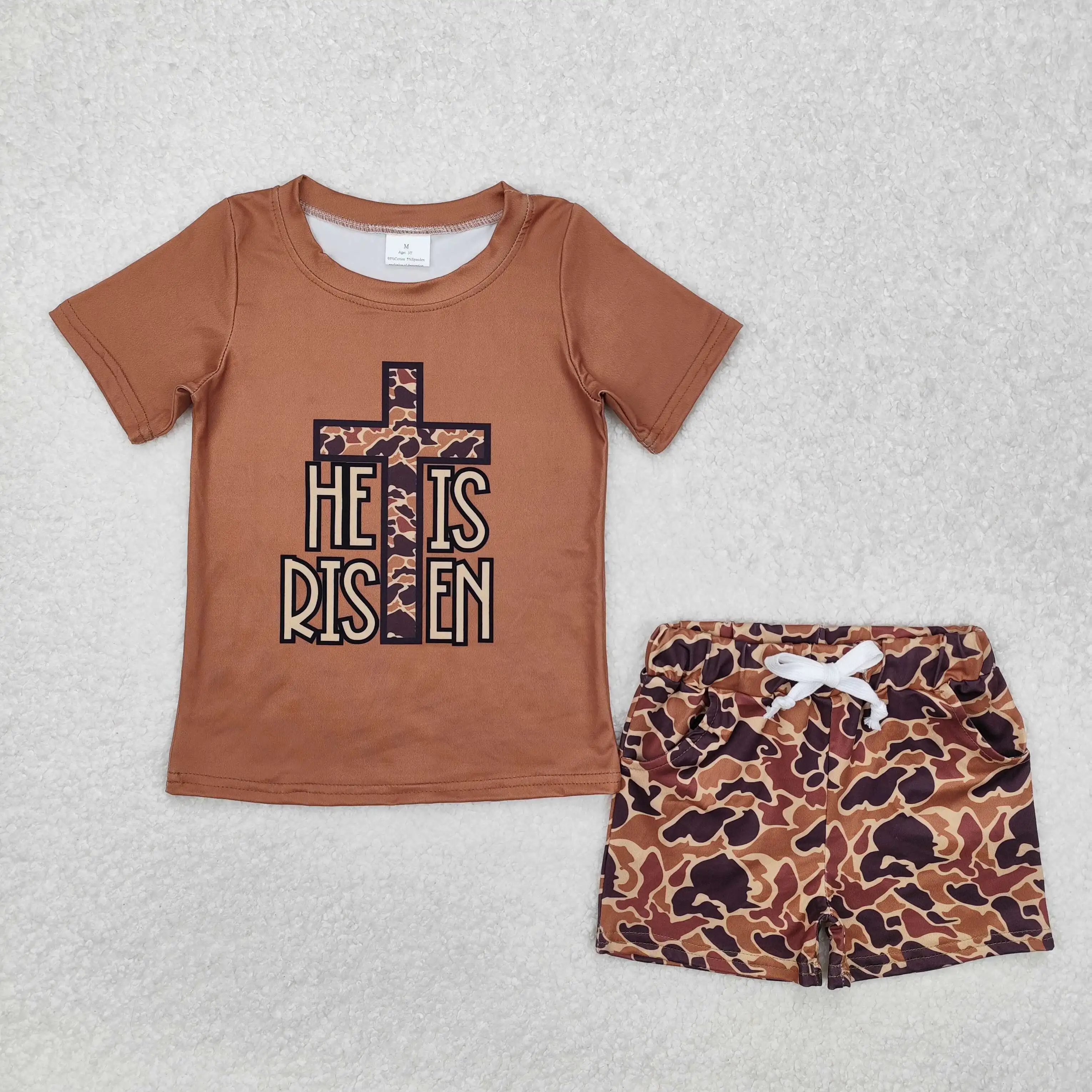 Wholesale New Kids Easter Set Toddler Baby Boy Short Sleeves Cross Cotton Shirt Tee Brown Camo Pocket Shorts Children Outfit