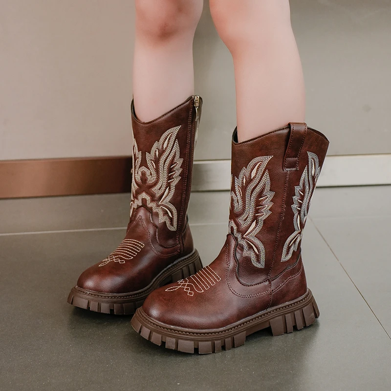 Children Leather Boots 2024 Classic Cowboy Embroidery Girls Long Booties Kids Winter Round Toe Soft Snow Shoes Fashion Snow Boot