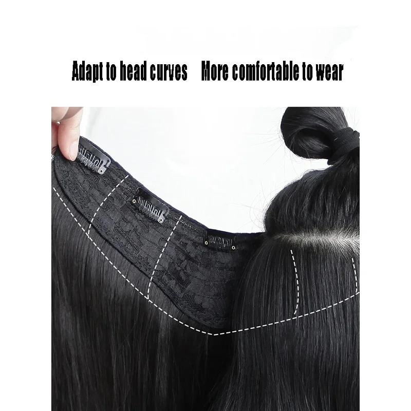 وصلات شعر اصطناعية على شكل حرف V للنساء ، قطعة شعر طويلة مستقيمة ، نمط مشبك داخلي ، أسود ، بني ، 4 مقاطع ، 18"