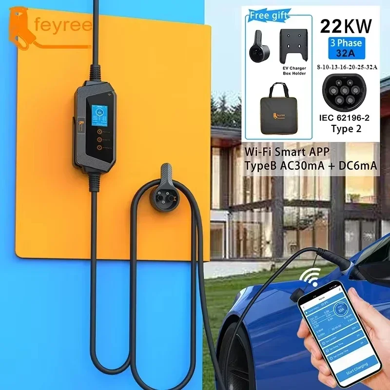 Feyree 22KW 32A 3 เฟส Type2 แบบพกพา EV Charger Wi-Fi APP ควบคุม EVSE กล่องชาร์จสถานีชาร์จสําหรับรถยนต์ไฟฟ้า Charger