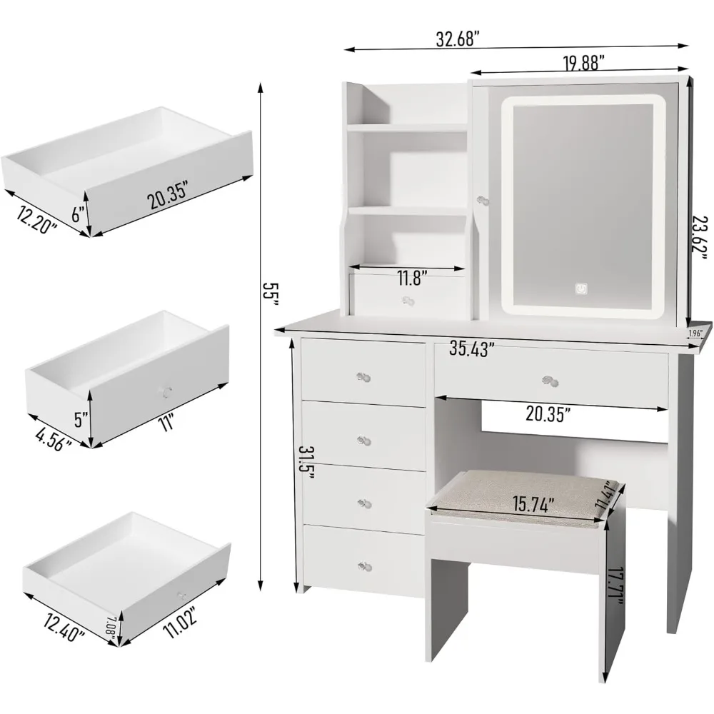 Scrivania per trucco illuminata a LED con presa di corrente, sgabello e deposito gioielli, scrivania bianca per trucco