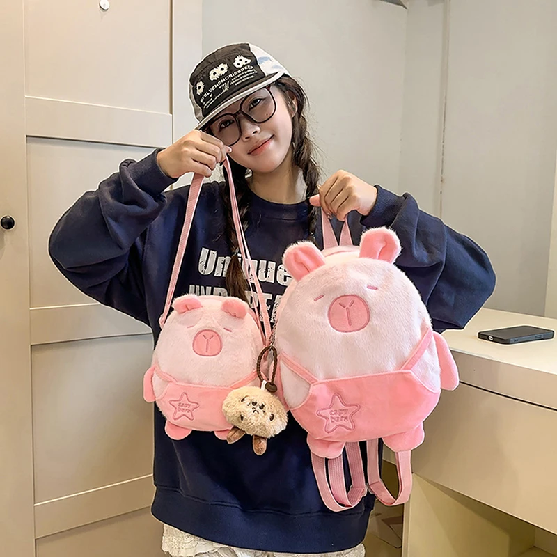 Piece Roomy Capibara Animal Cartoon Crossbody Bag, Plush Couple's Backpack, Fashionable Large Capacity Cotton Bag.