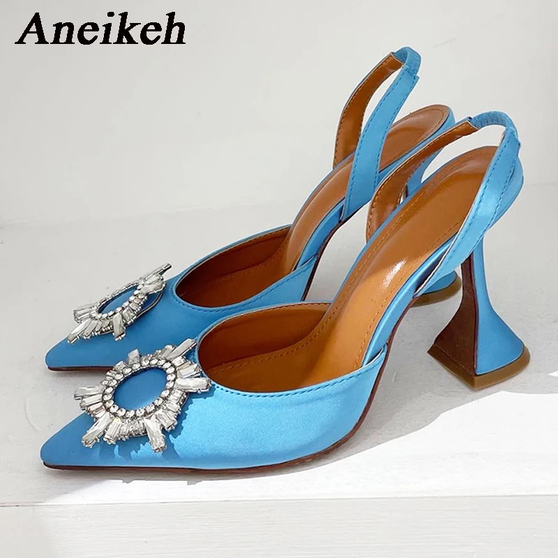 Aneikeh Brand Women Silk High Heels Luxury Crystal Butterfly Knot High Heels Summer Pointed Shoes Triangle Heeled Bride Pumps