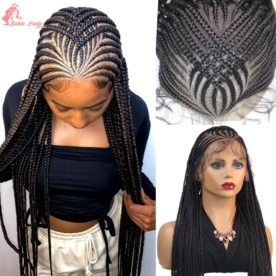 Fulani Full Lace Synthetic Cornrow Braided Wigs Knotless Box Braids Wig For Black Women 36'' Handmade Criss Cross Braiding Wigs