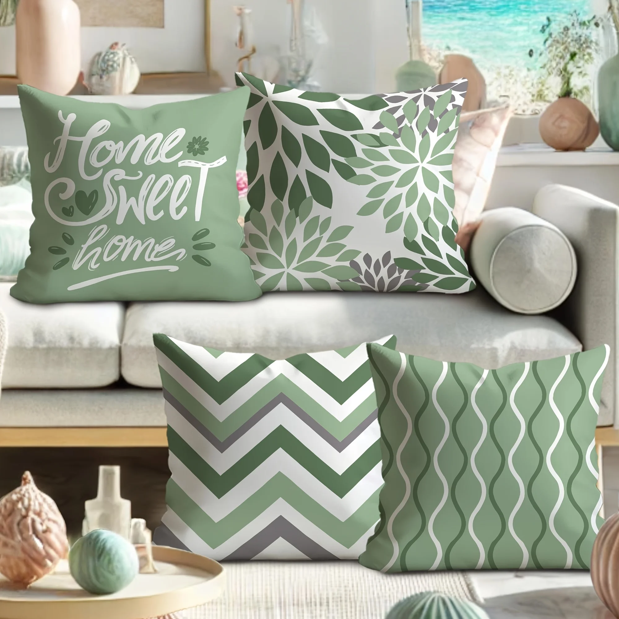 4 capas de almofada estilo ver salvia e branco com padrão geométrico dália |   Fecho de zíper, poliéster, núcleo