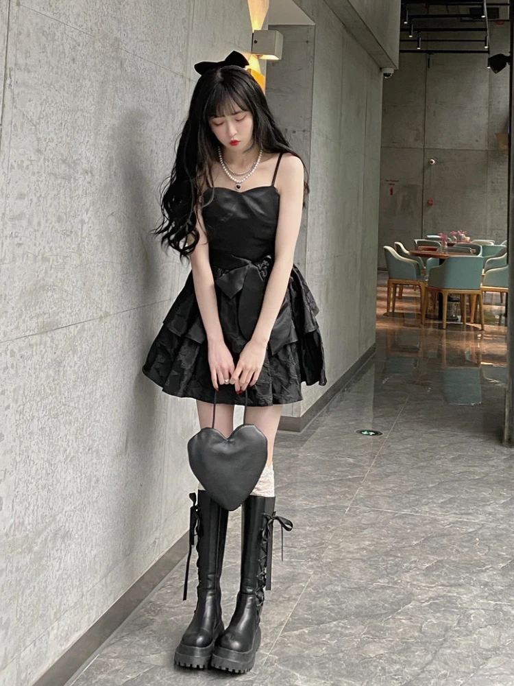 2022 Winter Black Sexy Strap Dress Women Patchwork Elegant Slim Casual Mini Dress Female Korean Fashion Bow Designer Party Dress