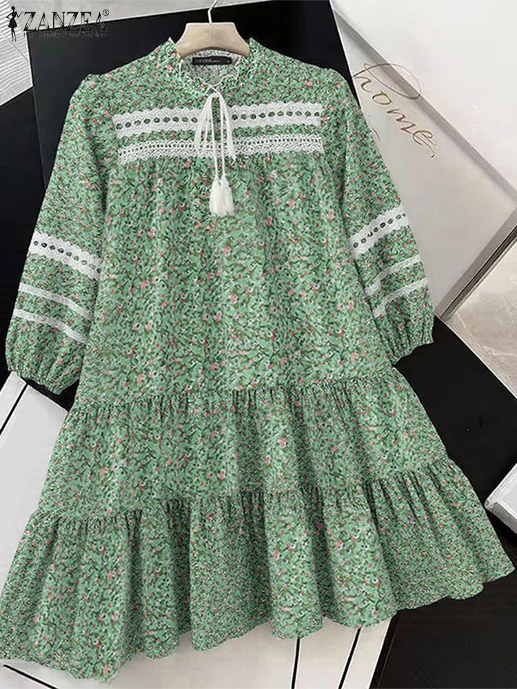 ZANZEA Autumn Floral Printe Dress 2025 Women Fashion Lace-Up Sundress Casual Loose Lace Patchwork Vestidos Elegant Pleated Robe