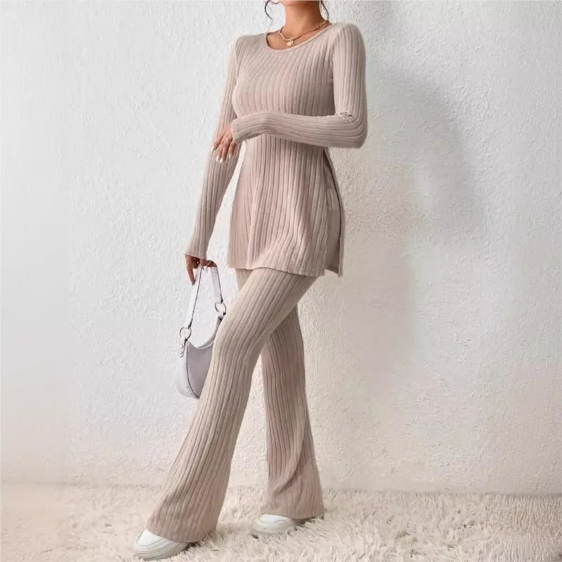 Autumn Winter Women\'s Clothing New Style Solid Color Sexy Casual Long Sleeved Round Neck Slit Fashion Temperament Two-piece Set