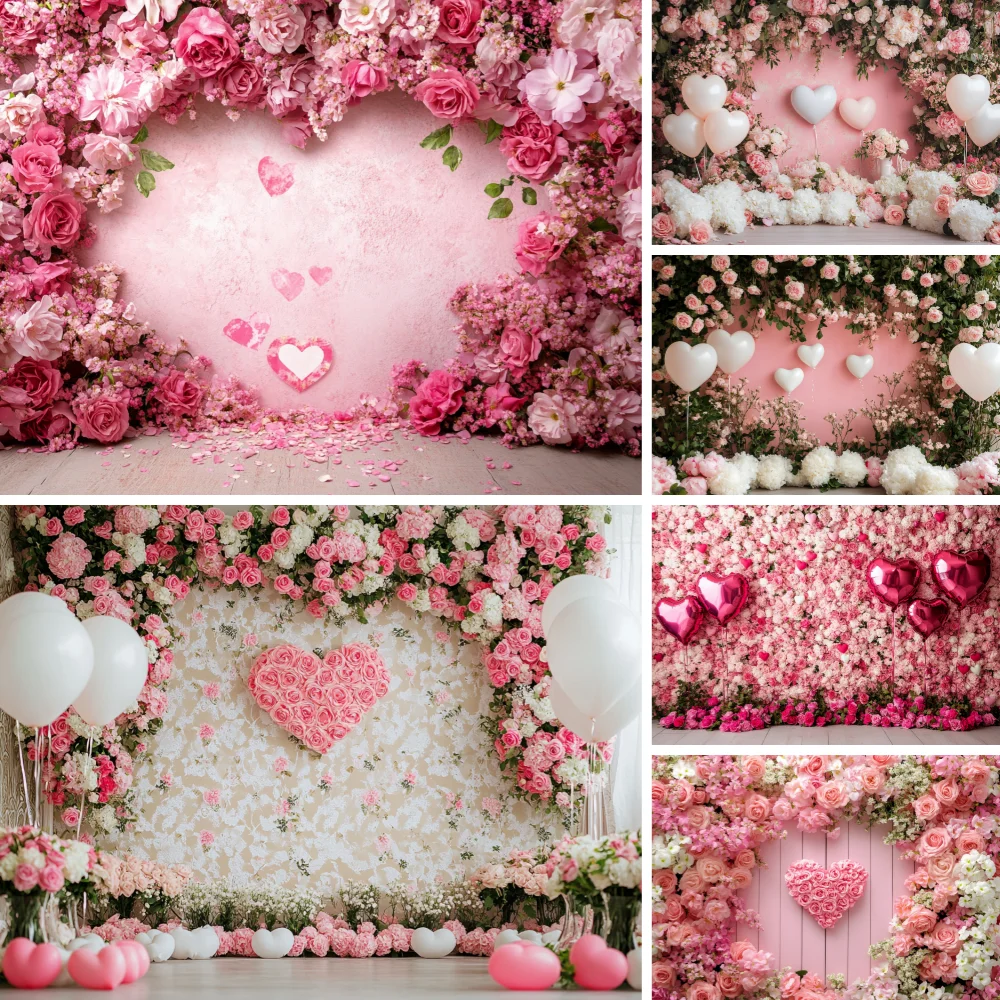 

Valentine's Day Photography Backdrop February 14th Love Heart Flowers Balloon Bridal Shower Wedding Party Decor Photo Background