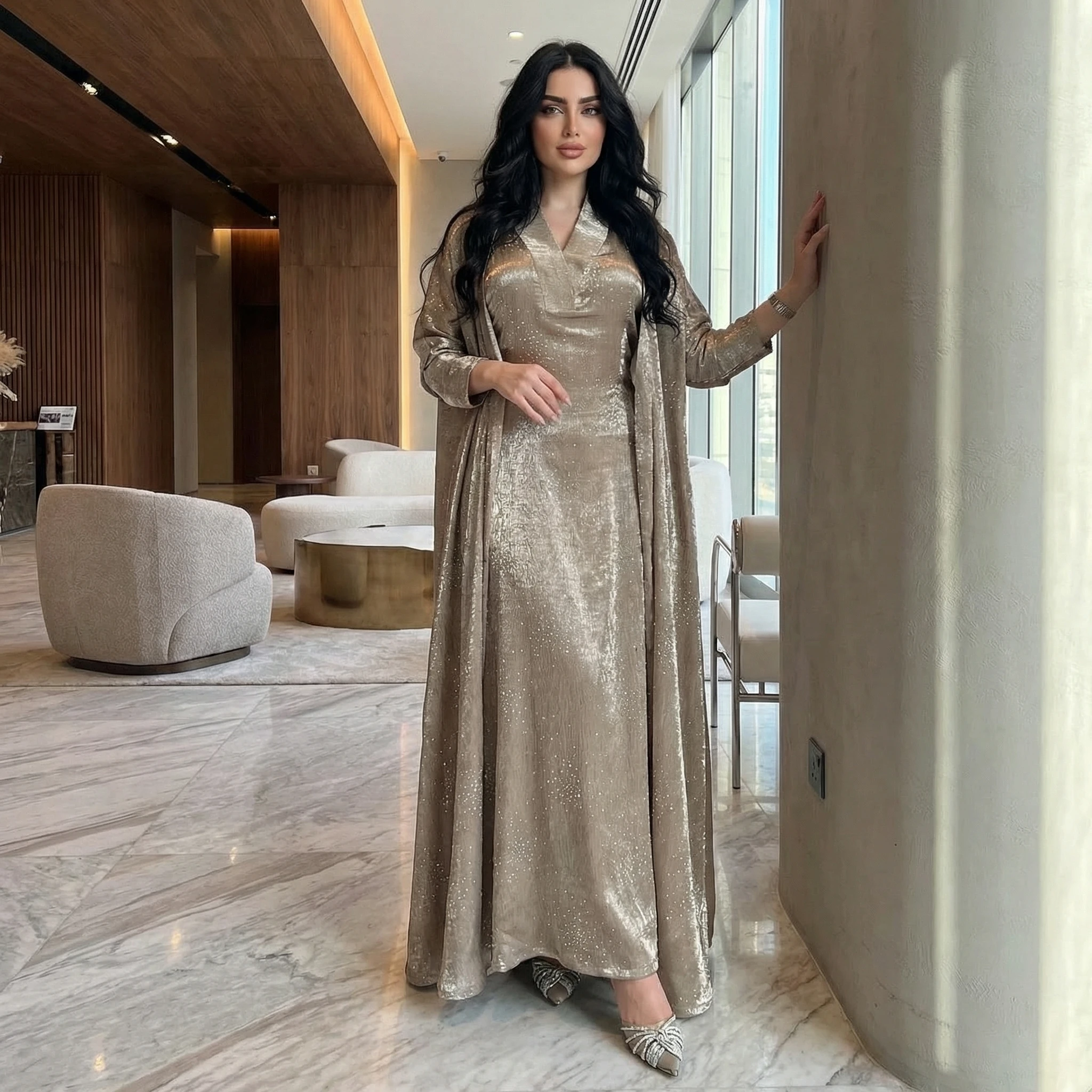 

Women Muslim Abaya Black V-Neck Sequins Long Sleeve Dress