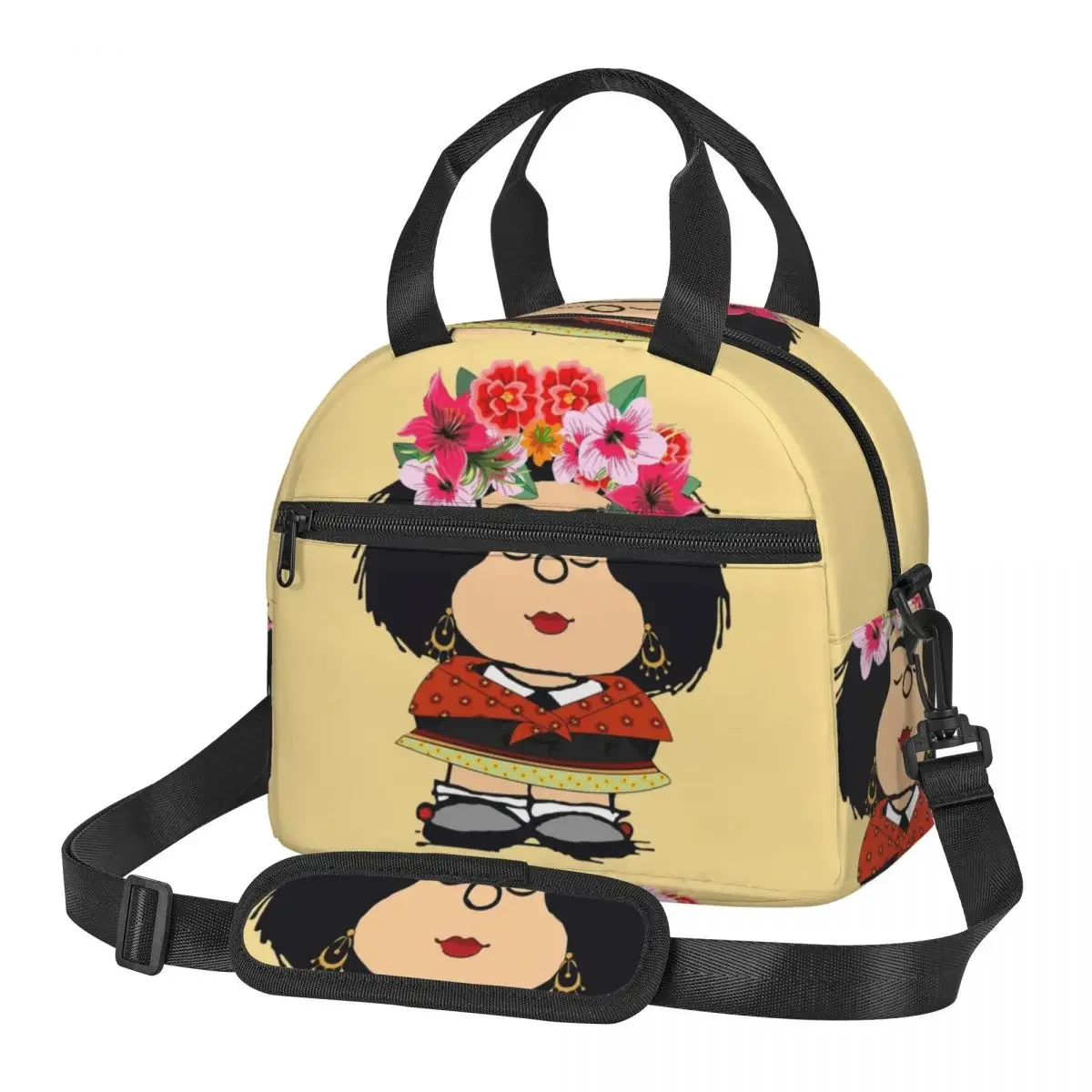 

Mafalda Kahlo Fanart Изолированная сумка для обеда с регулируемым плечевым ремнем Большие термохолодильники для обеда с забавными мультяшными едами