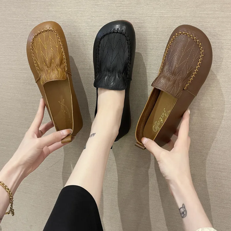 2022 Soft Brown Korean Casual Shoes 2023 Autumn New National Style Leather Comfortable Mother Bottom Doudou Women Flats Oxford