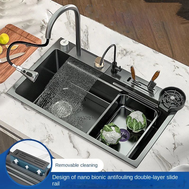 

304 Stainless Steel Kitchen Waterfall Sink Digital Display Large Single Sink Dish Basin Sink With Multifunction Touch Waterfall