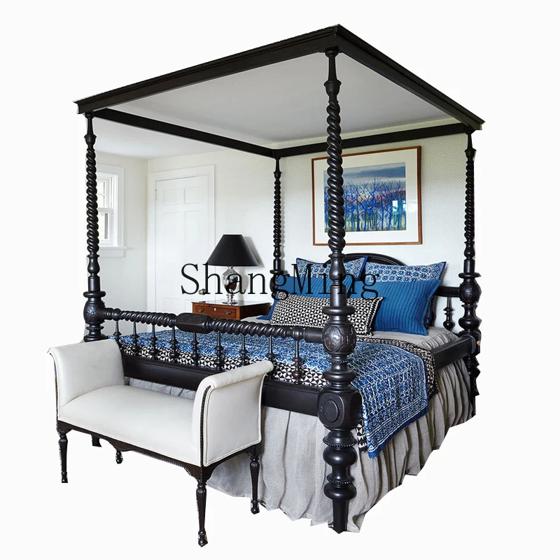 

HJ rural light luxury solid wood pillar bed black carved three-dimensional retro old simple style double bed