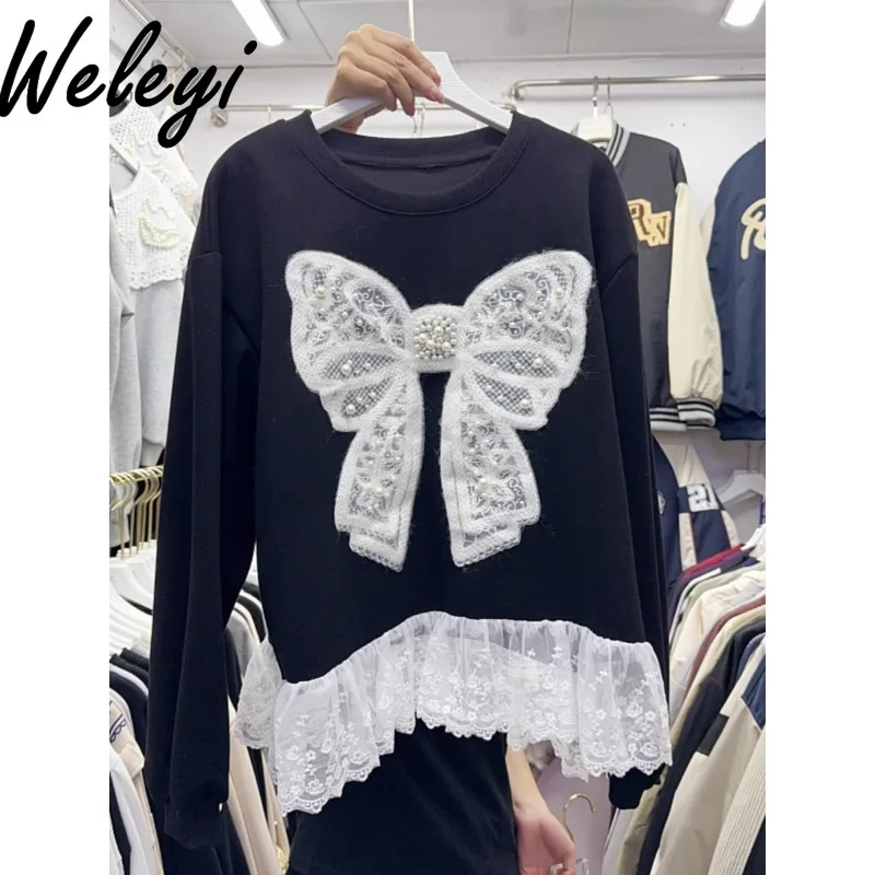 

Super Good,looking Women's Pullover Sweatshirt Korea Fashion 2024 Autumn New Embroidered Bow Yarn Loose Long Sleeve Hoodies Top