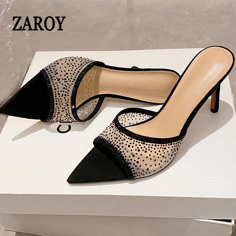 

Bling Rhinestone Womens Slides High Heels Mules Open Toe Sexy Crystal Diamond Sparkly Wedding Party Evening Summer Sandals