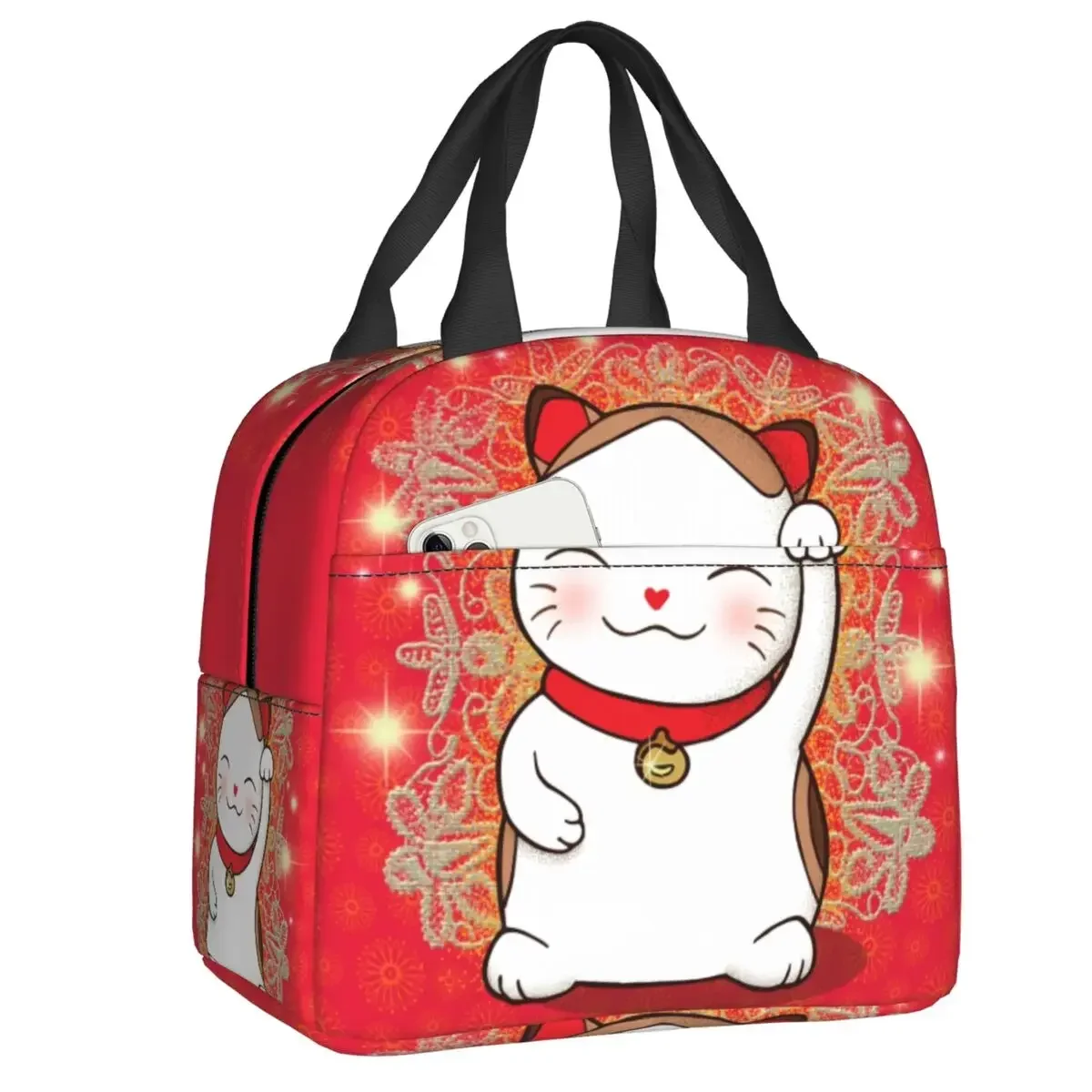 Cute Maneki Neko Waving Insulated Lunch Tote Bag for Women Japanese Lucky Cat Resuable Thermal Cooler Bento Box Camping Travel