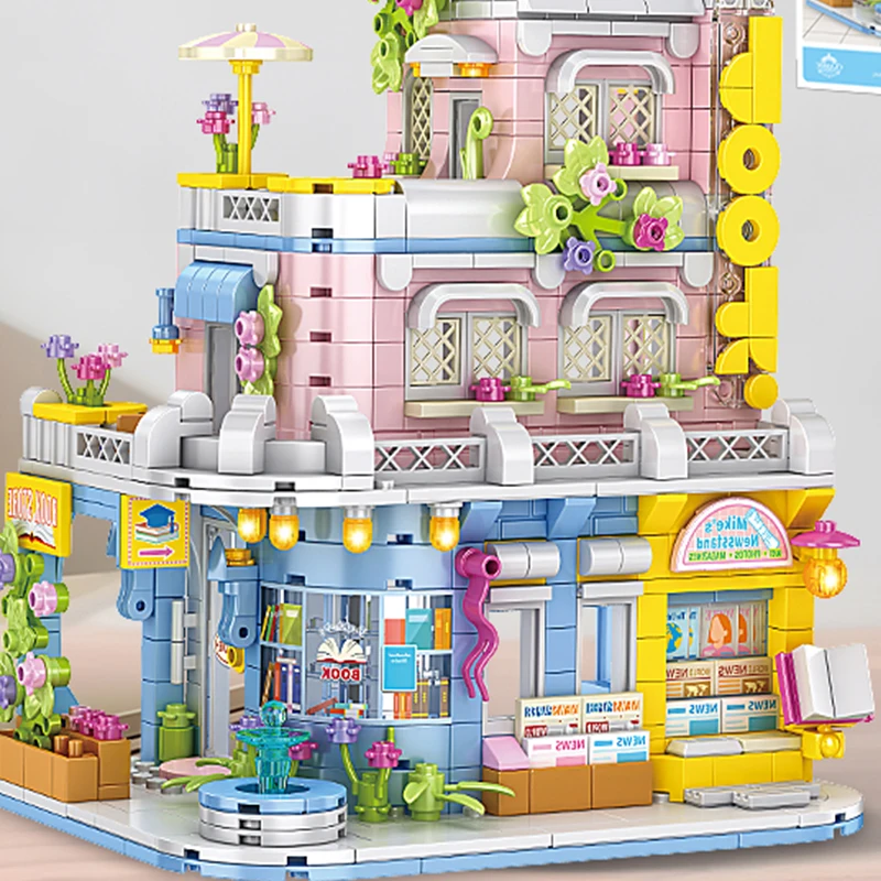 City Building Blocks Library Bookstore Architecture Set House Model Desktop Decor Kids DIY Toys Christmas Birthday Gift