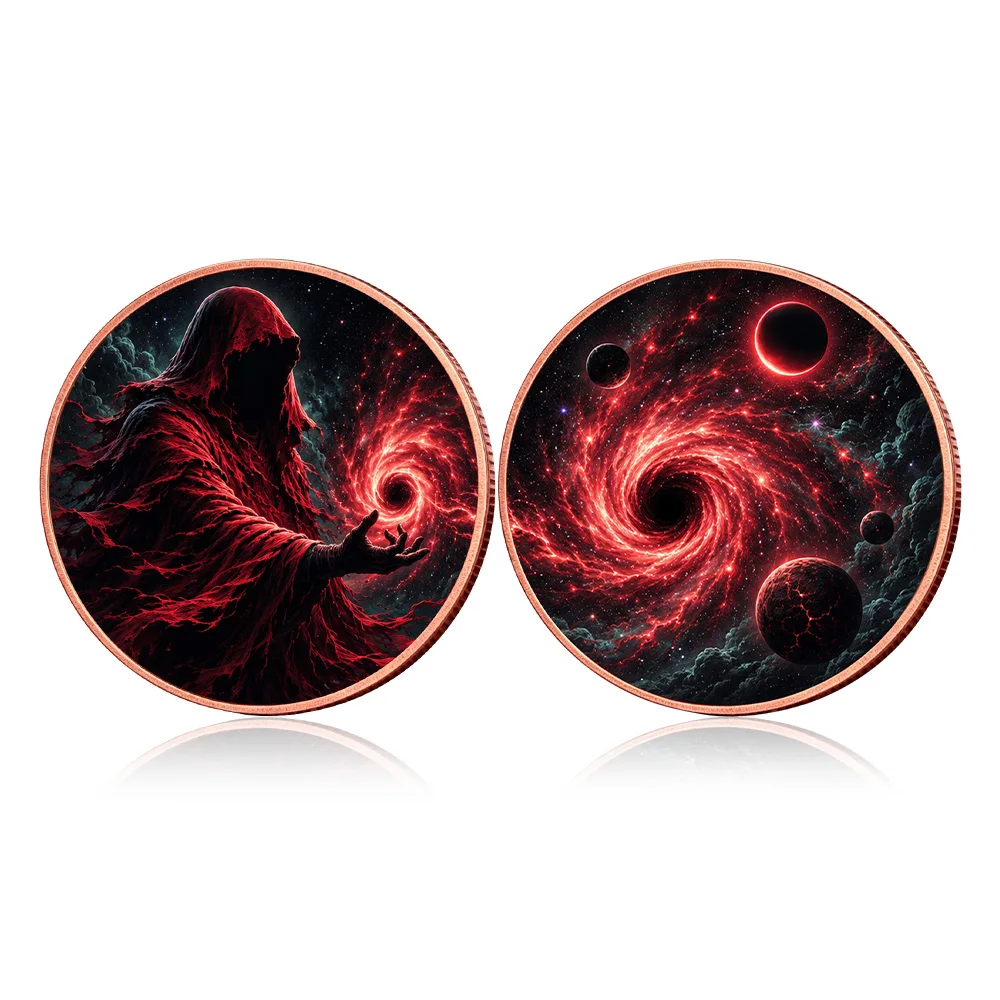 1oz .999 Fine Copper Red Robe Grim Reaper Coin Red Black Hole Galaxy Space Nebula Color Print Dark Fantasy Collectible Coin