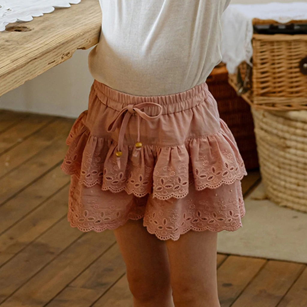 Korean Style Girls Short Pants Summer 2026 Vintage Cotton Ruffle Multi-Layered Sweetness Kids Clothing in Stock