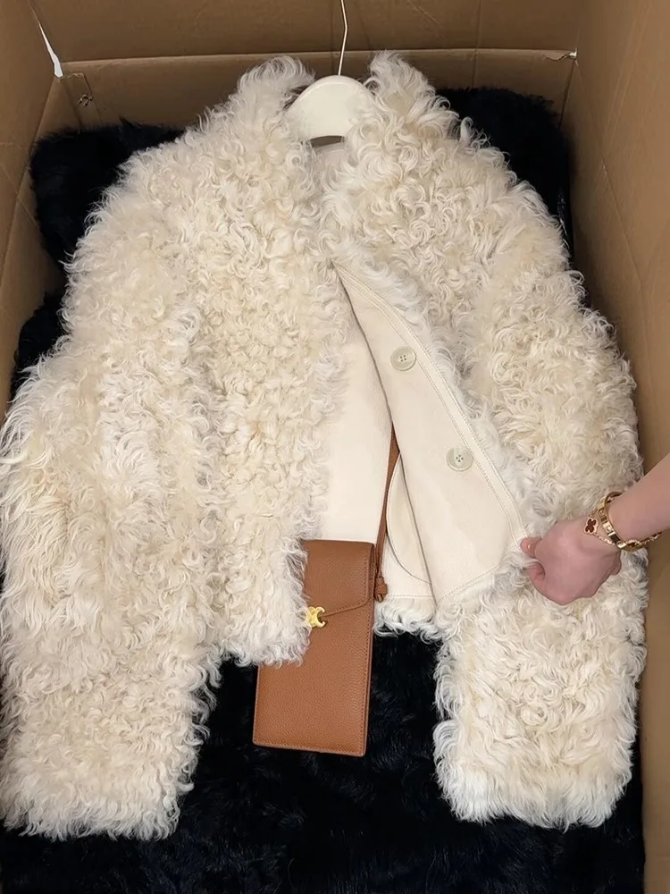Sli pele de cordeiro branca jaet feminino 2025 inverno novo entrado pele de couro high-end sensação super bonito casaco ort