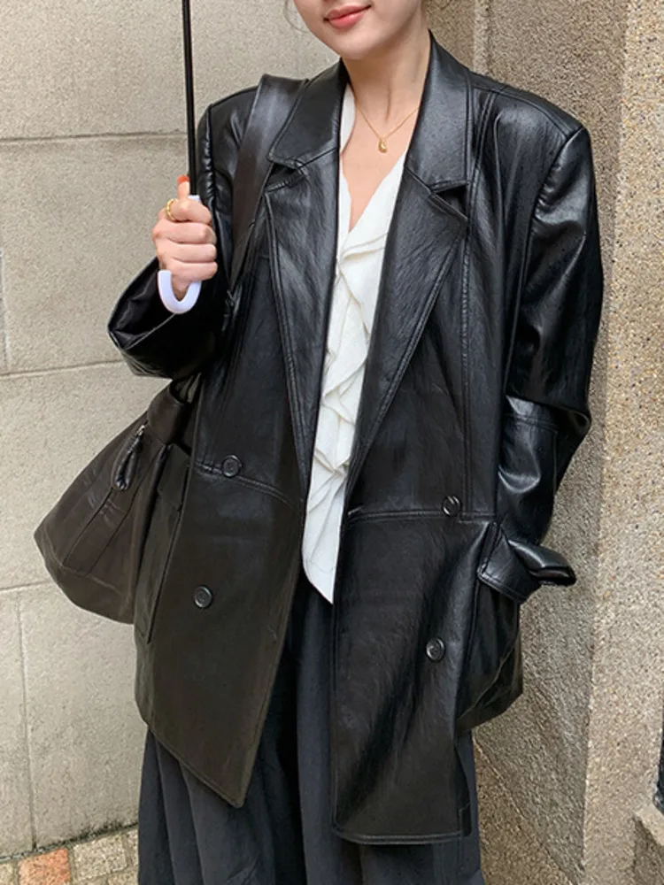 ZMEENNA Women's Vintage Faux Leather Blazer Jacket Brown Lapel Collar Outerwear Button Down Oversized Coat For Fall ZM3759