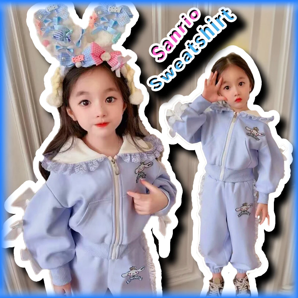 Kawaii Cinnamoroll Kids Sweatshirt Two-piece Set Sanrio Anime Hoodies Autumn Girl Long-sleeves Clothes Top with Pants