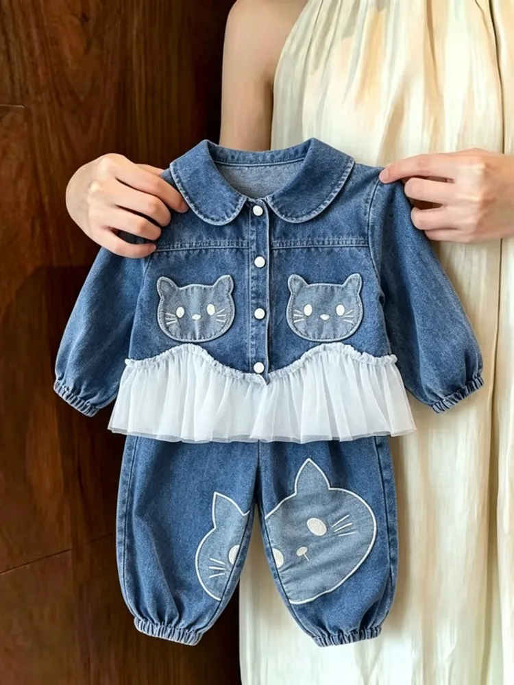 Girls Casual Two-Piece Set Autumn 2026 New Style Fashion Baby Doll Collar Long Sleeve  Denim Mesh Splicing Leisure Suit