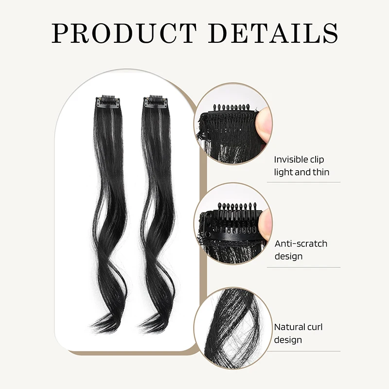 Long Side Air Bangs 14inch Long Wavy Curly Clip in Bangs Front Side Bangs for Women Daily Use 2 PCS Synthetic Long Temples Bangs image 3