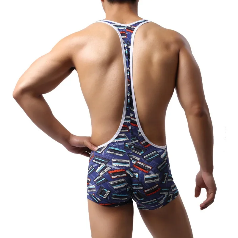Blue Men's Suspenders Briefs Print Gym Tank Tops Sexy Bodysuit Pouch Open Back Underwear Beach Bikini Leotard One Piece Swimsuit