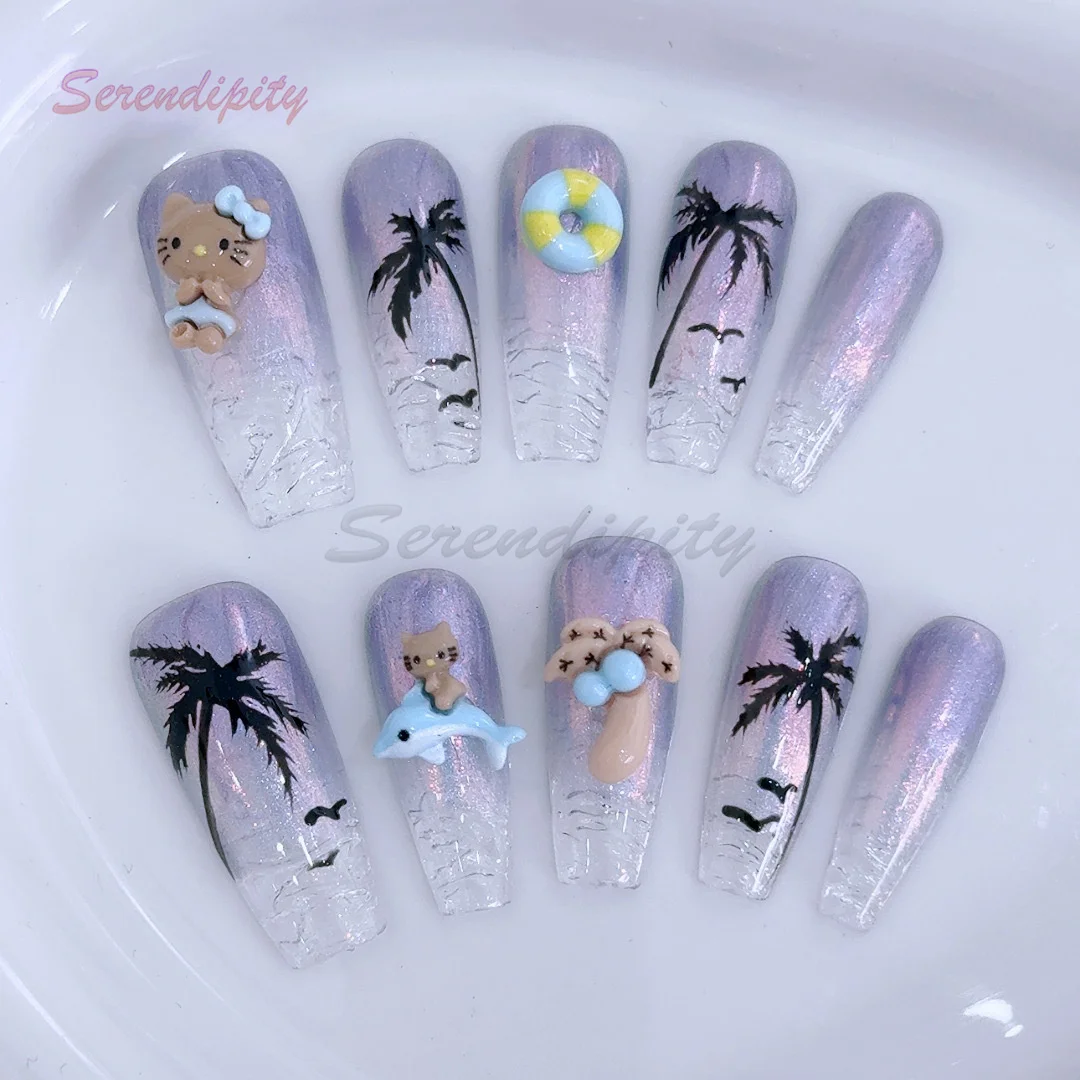 

10Pcs Summer Press On Nails Hawaii Hand Drawn Coconut Tree Beach Cat Eyes Handmade Detachable Wearable Fake Nails Premium Nails