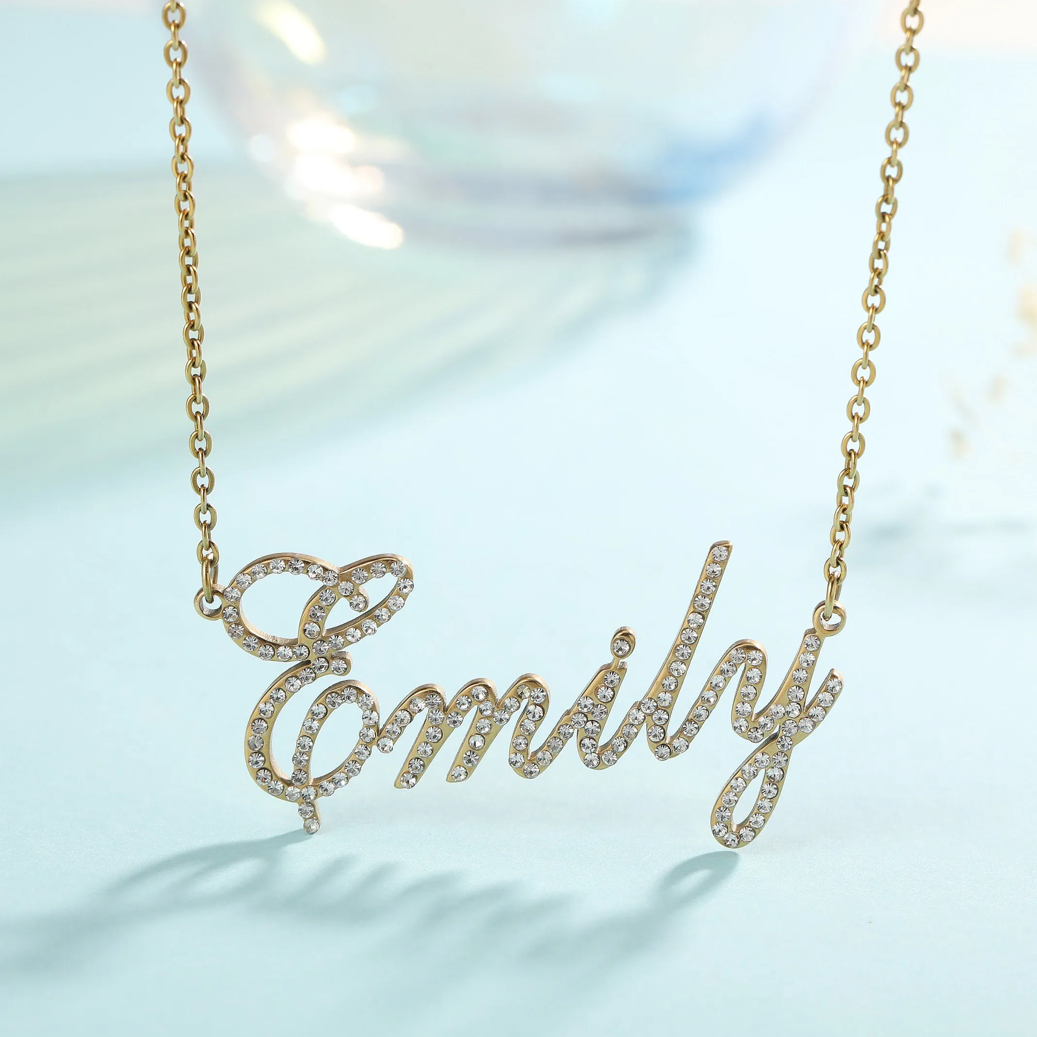 Custom Name Necklace Personalized Diamond Iced Out Pendant Stainless Steel Gold Crystal Nameplate Bling Necklace For Women Gift