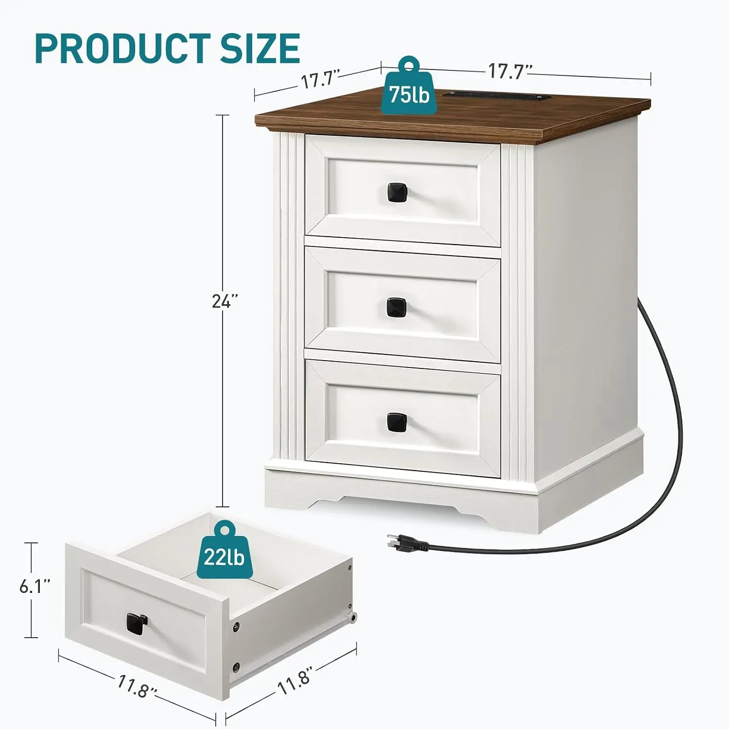 White Nightstand with Charging Station & 3 Drawers, Bedroom Furniture, Customized