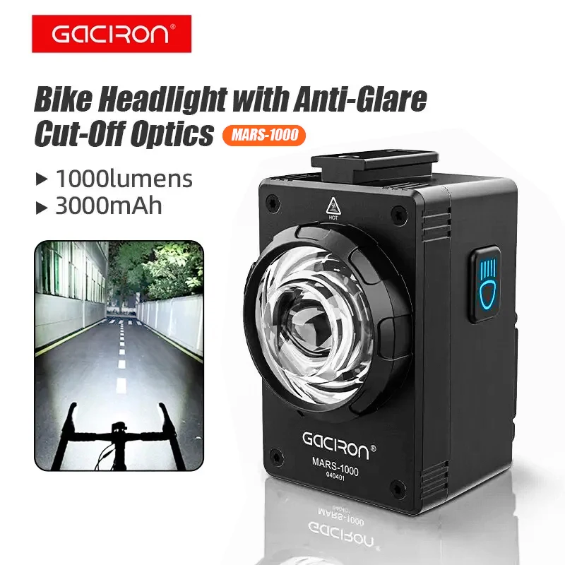 Gaciron Bike Lights Mars 1000lm Anti-glare Bicycle Front Light For Road Cycling IP67 Waterproof USB-C Rechargeable Bike Lamp