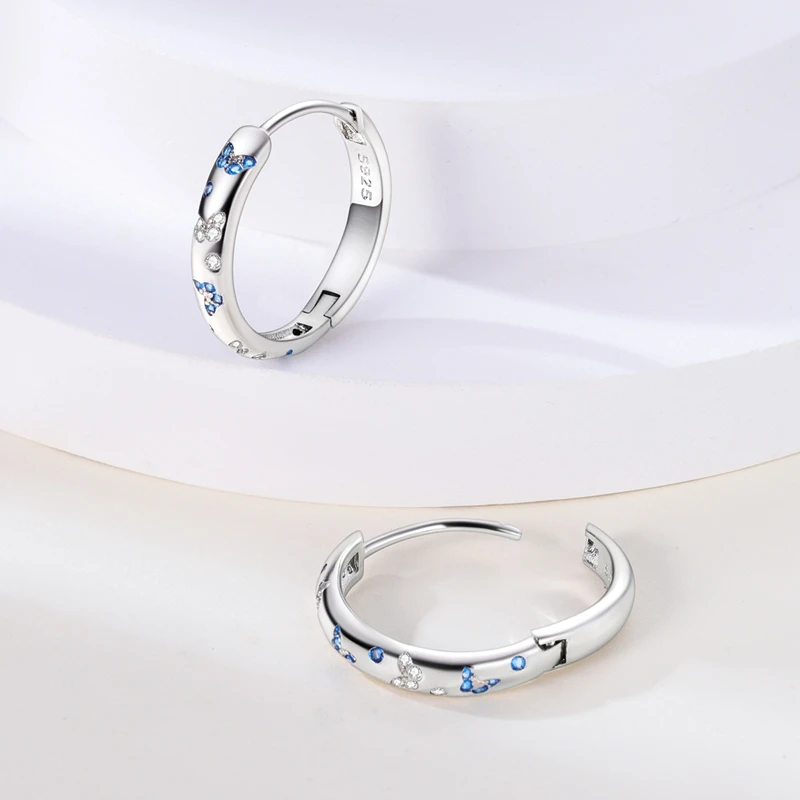 Original 925 Sterling Silver Pink Blue Butterfly Zircon Circle Hoop Earrings For Women Fashion Simple Jewelry Gift