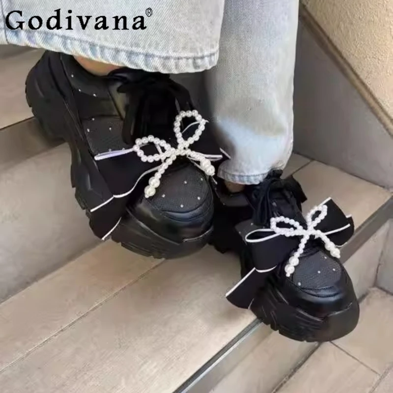 

Spring New Japanese Fashion Sweet Casual Chunky Sneakers Women's Bowknot Lace-up Pearl Sports Shoes Student Thick-soled Shoes