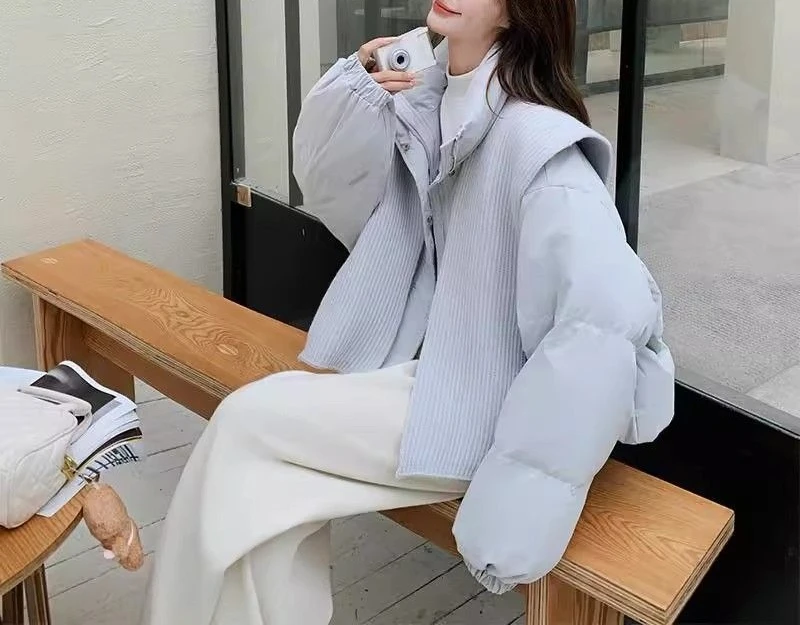 Small Fresh Knitted Shawl Stand Up Collar Short Down Cotton Jacket, Small Stature, Thick Knit, Thick Knit