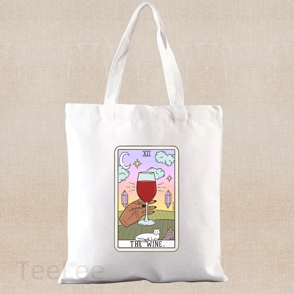 Funny Tarot Shoulder Bags for Women Printed the Wine Coffee Casual Tote Bag Large Reusable Shopping Bags White Canvas