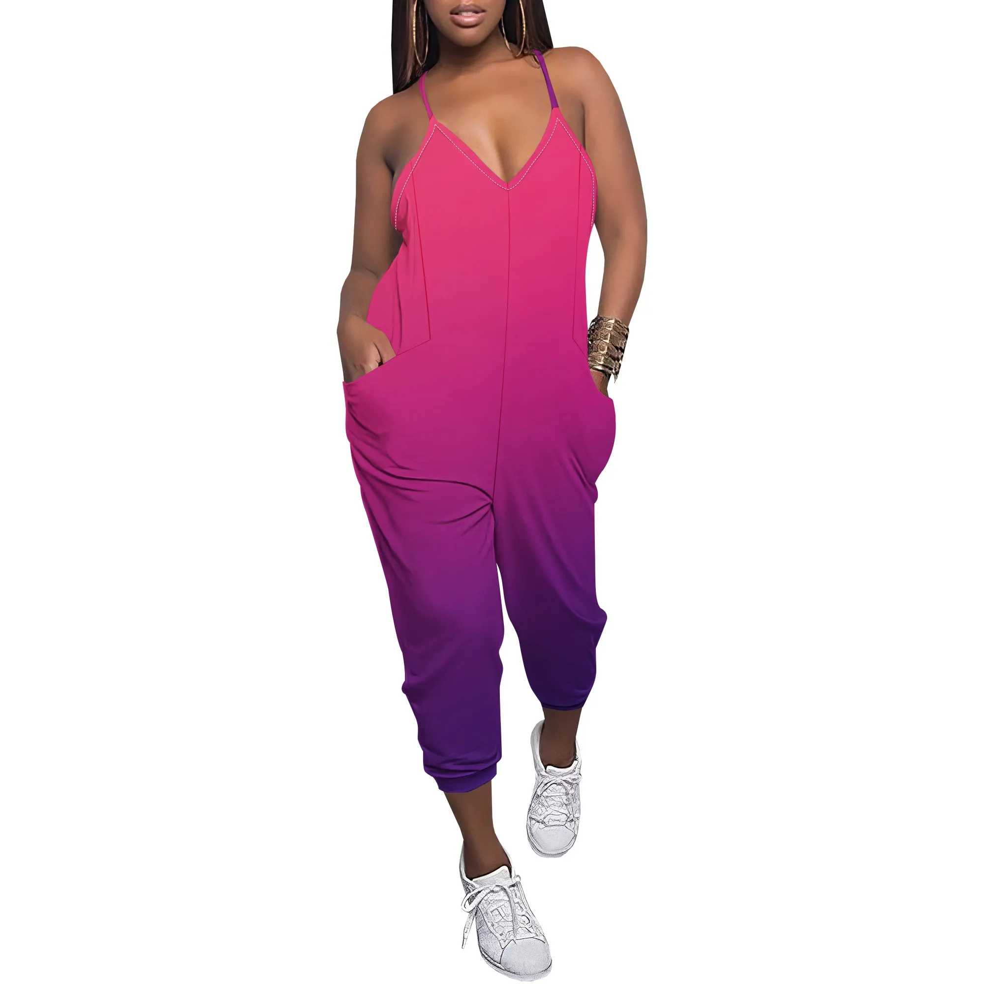 Tuta da donna sexy con scollo a V senza maniche con retro scollato Pantaloni lunghi stampati sfumati con tasche Pagliaccetti casual