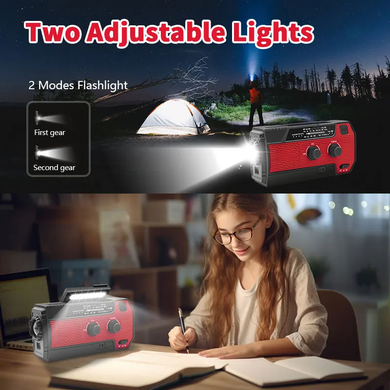 2000/4000mAh Rechargeable Radio Outdoor Camping LED Flashlight Portable FM AM WB Radio Solar Charging Waterproof Emergency Radio