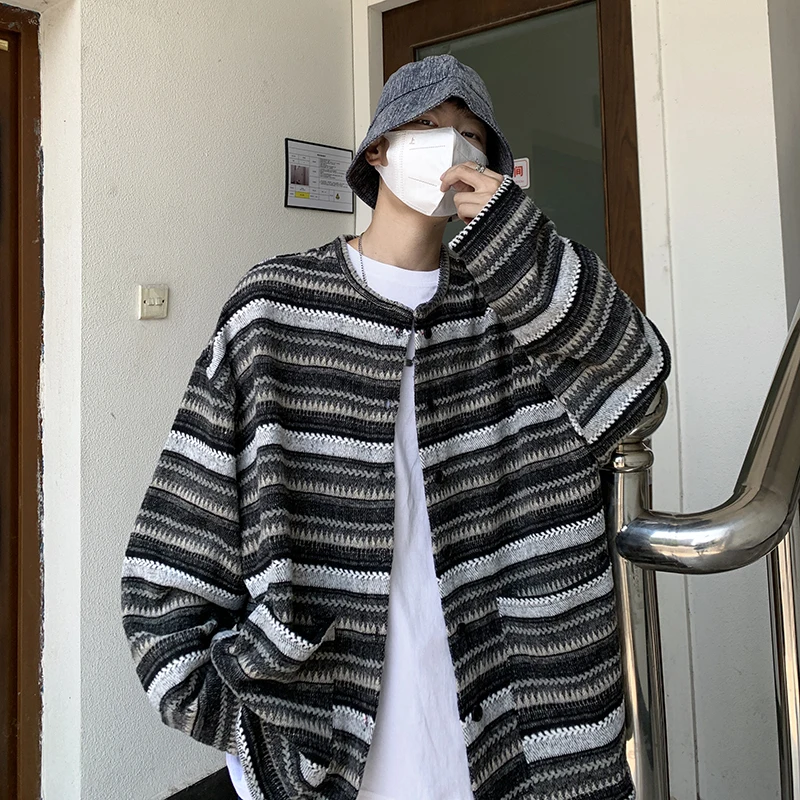 

Мужской кардиган Laid-ba Sle: Весенне-осенний, в японском ретро-стиле, с цветными полосками, вязаный, свободный, повседневный, верхняя одежда